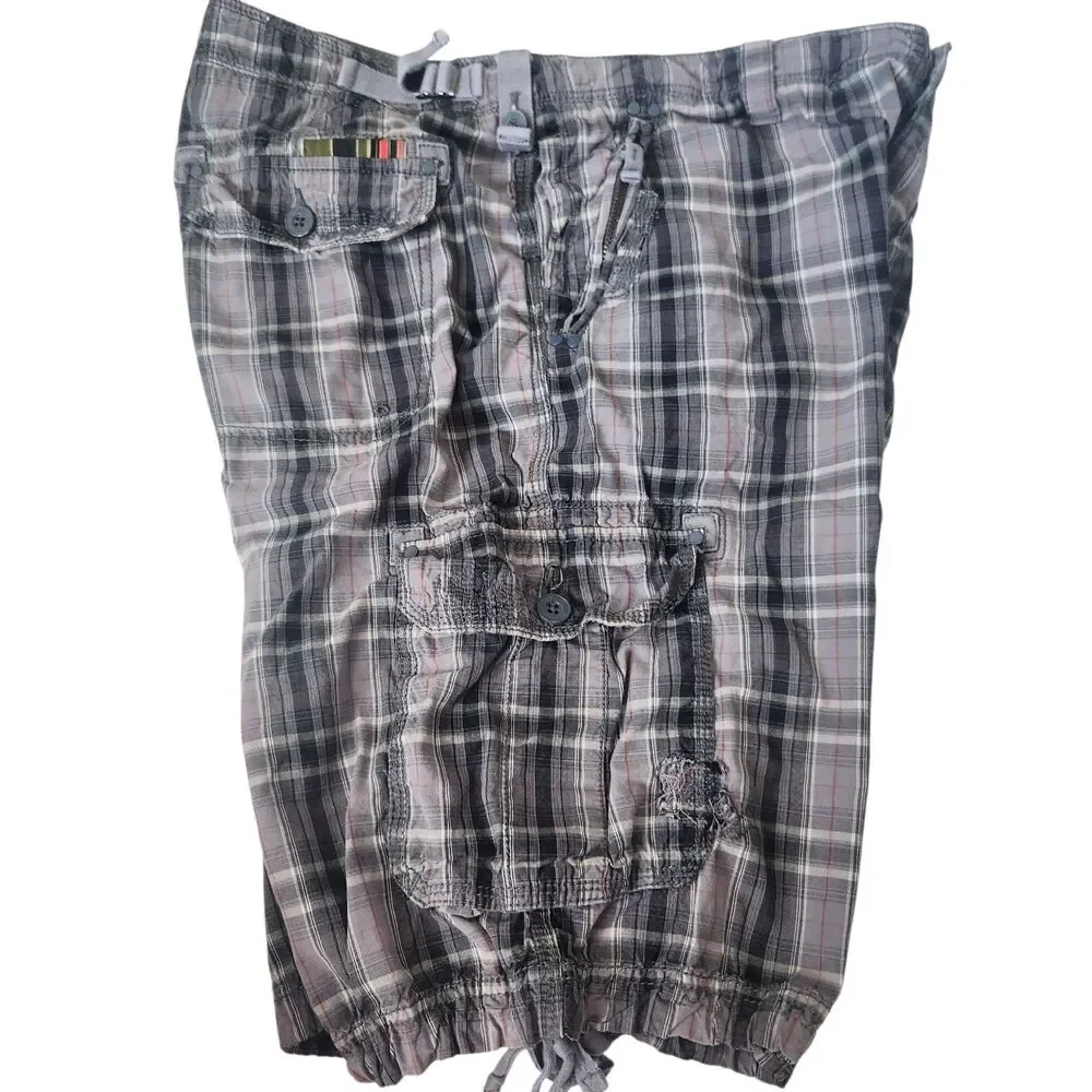 VTG 555 Soul Essentials-Gray Plaid Mens Cargo Shorts-Cinch Leg/Waist-Thrashed 36